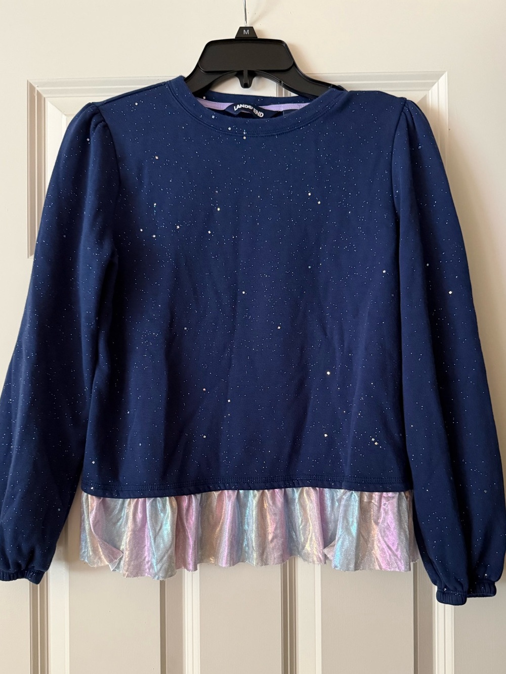 Lands' End Girls' Navy Sparkle Long-Sleeve Top with Iridescent Ruffle size 10 L